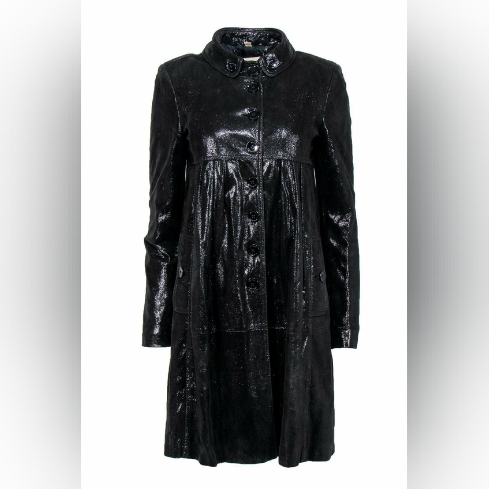 BURBERRY BLACK METALLIC GOATSKIN SUEDE SHIMMER LUXURY COAT US 4 SMALL